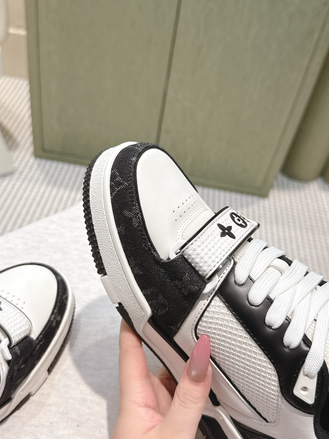 LV Trainer Sneaker Black White Monogram Strap Luxury Shoes