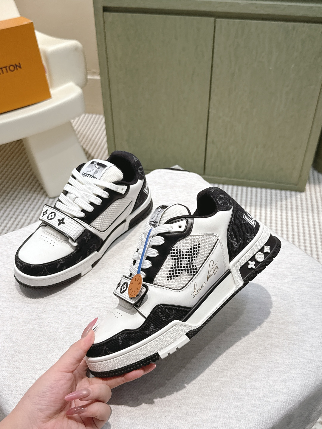LV Trainer Sneaker Black White Monogram Strap Luxury Shoes
