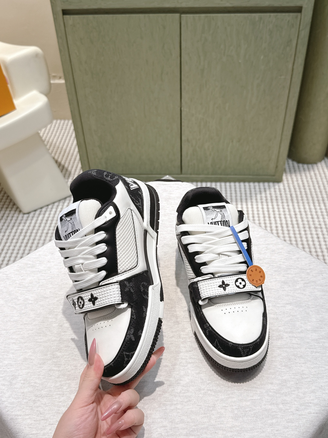 LV Trainer Sneaker Black White Monogram Strap Luxury Shoes