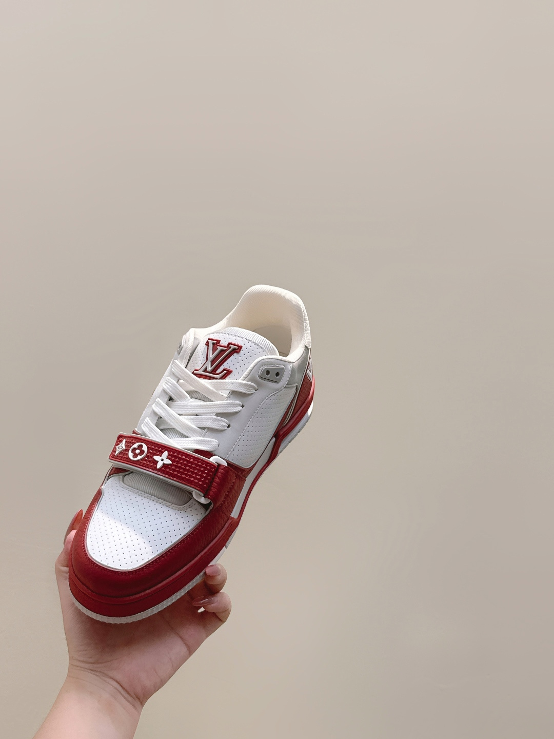 LV Trainer Sneaker White Red Leather with Velcro Monogram Strap