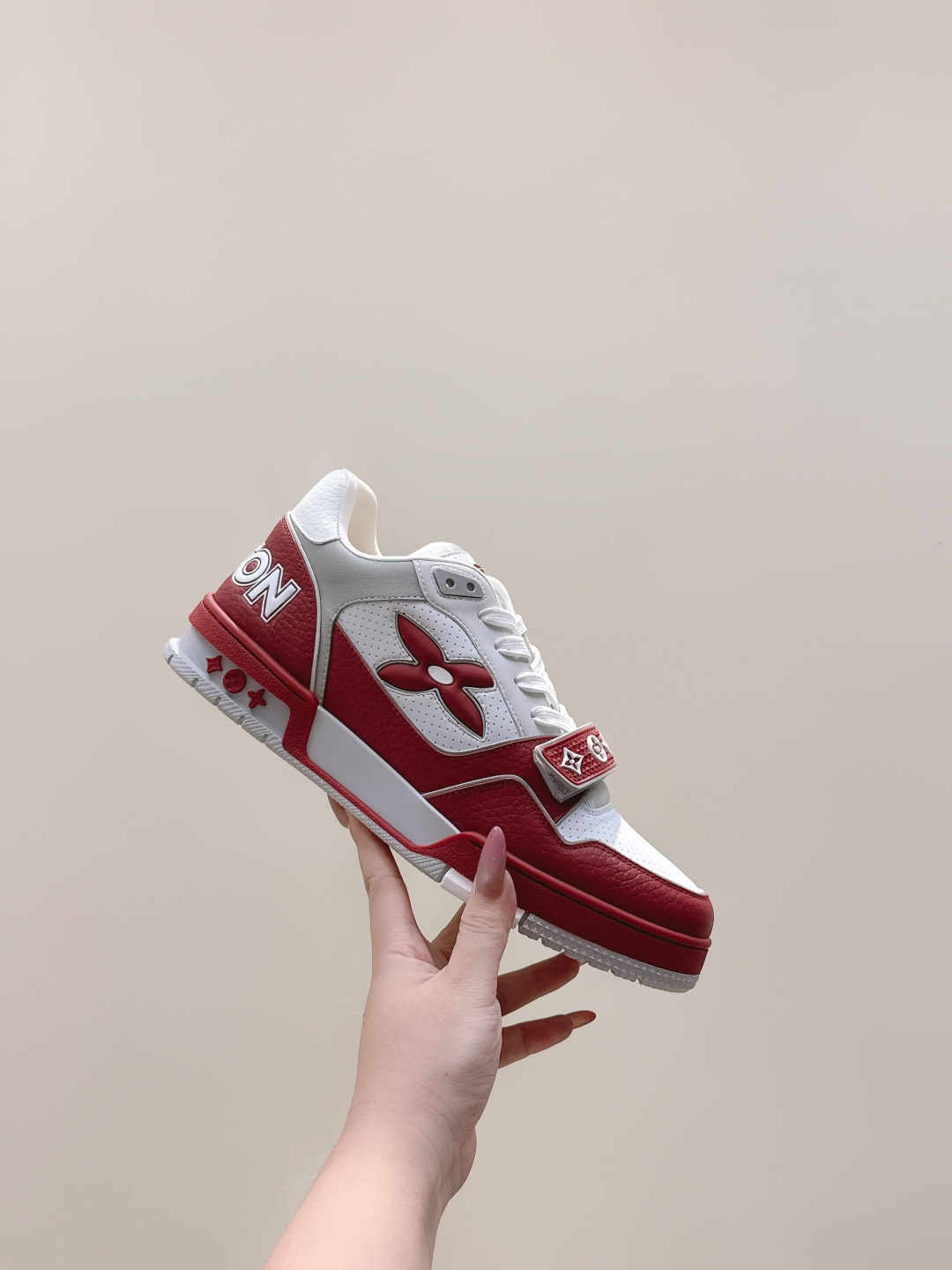 LV Trainer Sneaker White Red Leather with Velcro Monogram Strap