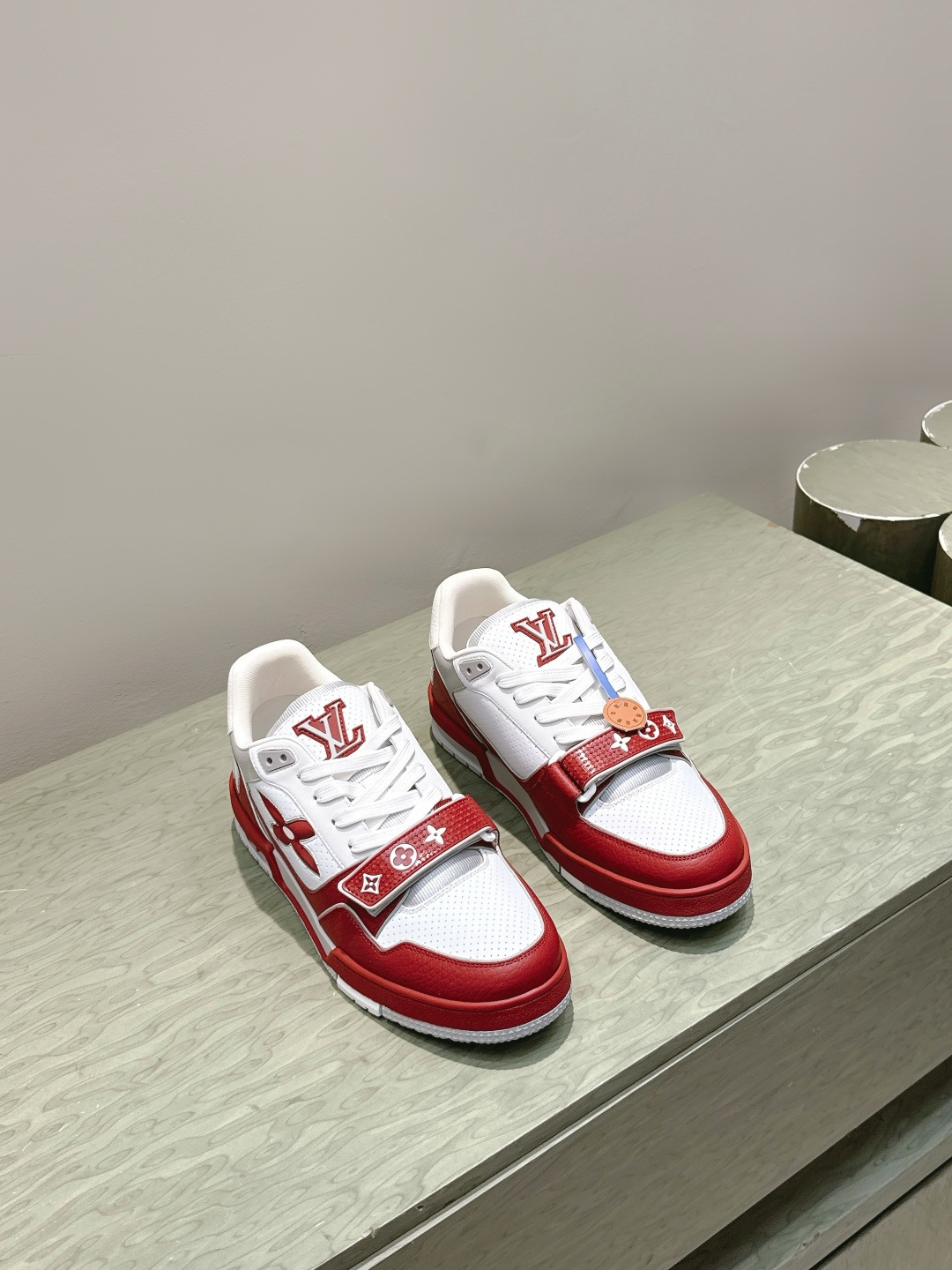 LV Trainer Sneaker White Red Leather with Velcro Monogram Strap