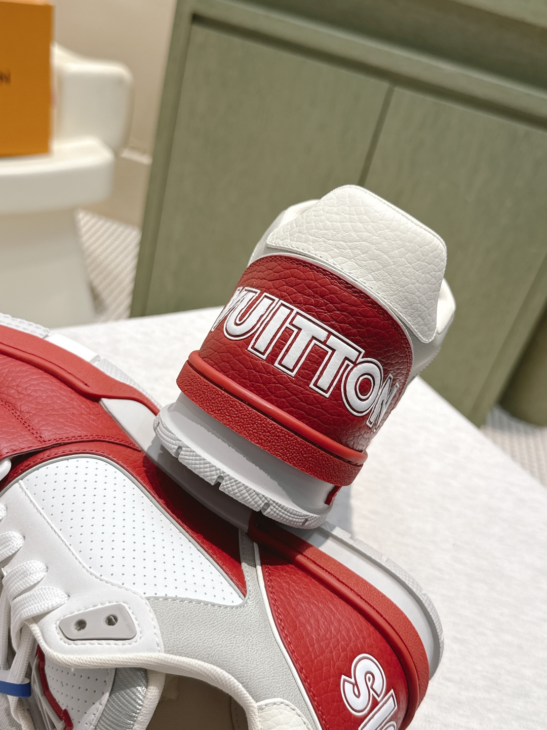 LV Trainer Sneaker White Red Leather with Velcro Monogram Strap