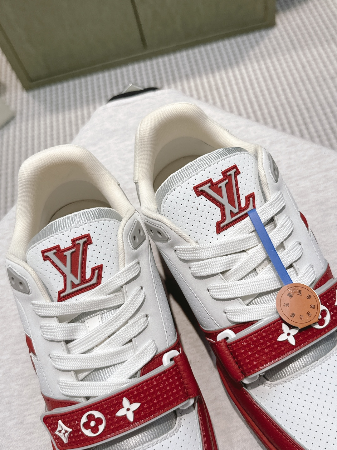 LV Trainer Sneaker White Red Leather with Velcro Monogram Strap