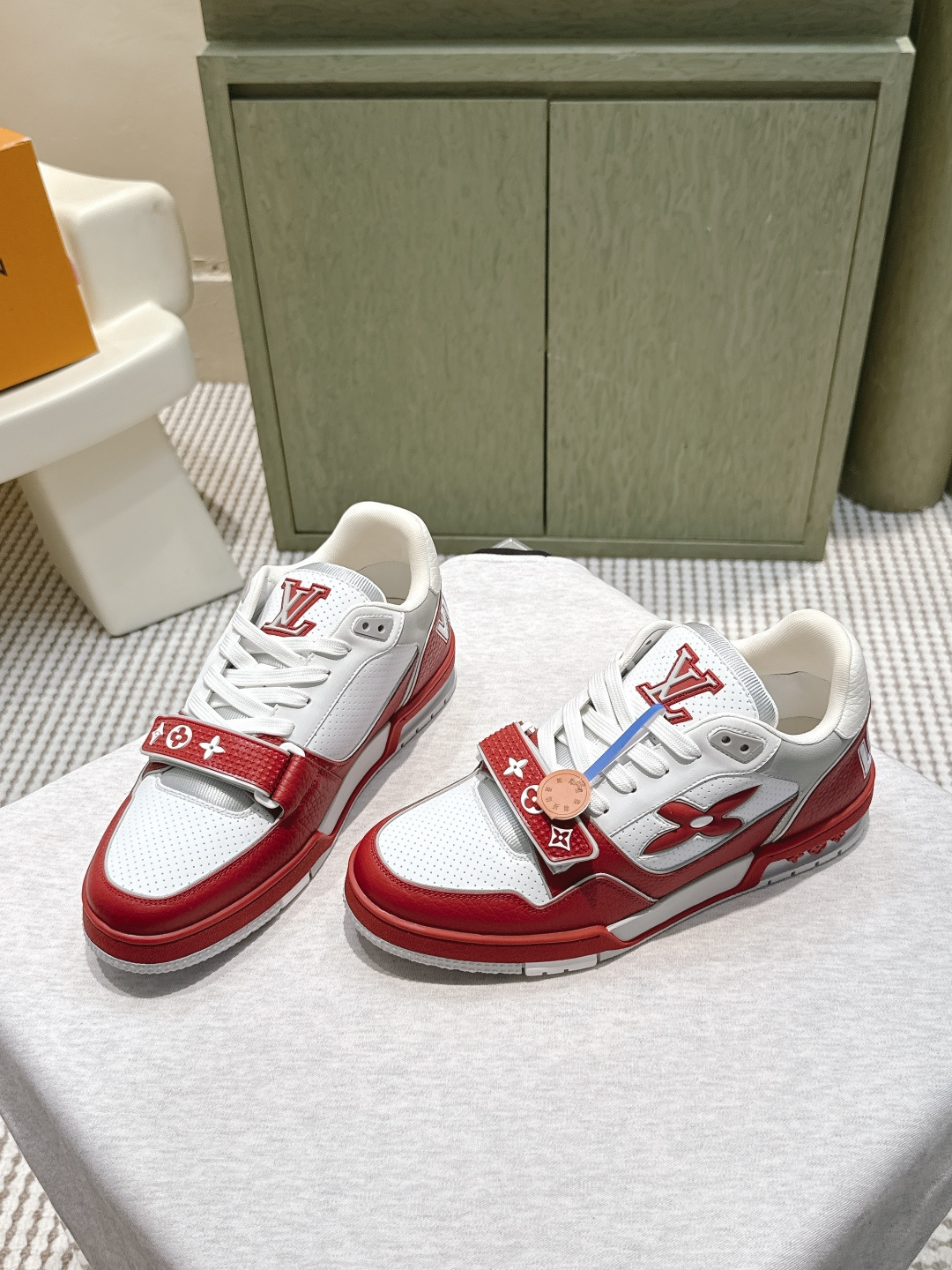 LV Trainer Sneaker White Red Leather with Velcro Monogram Strap