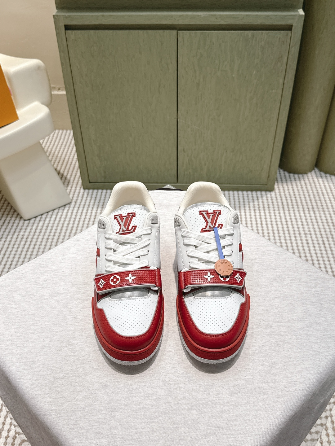 LV Trainer Sneaker White Red Leather with Velcro Monogram Strap