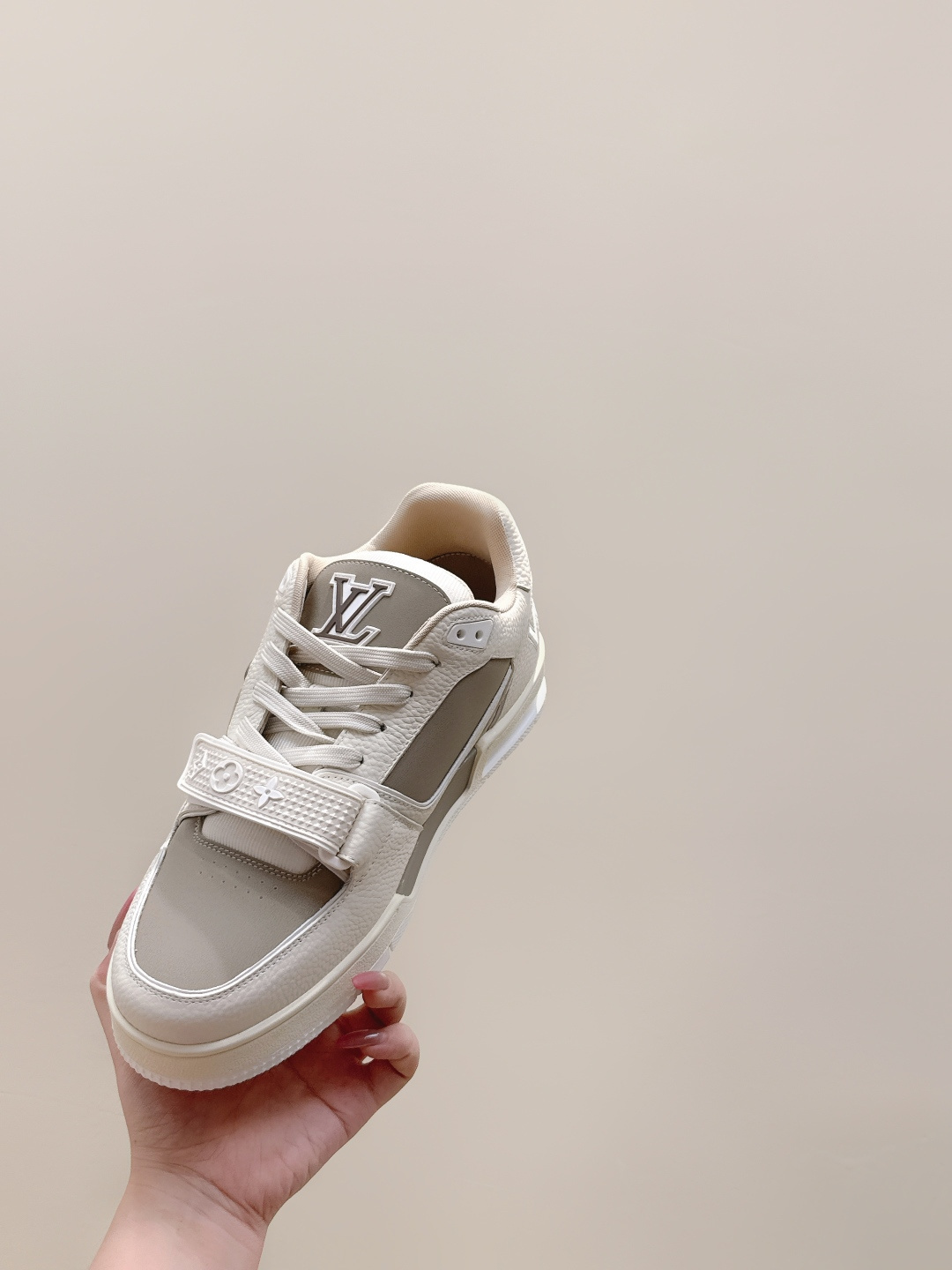 Louis Vuitton Beige Leather Trainer Sneakers with Monogram Strap