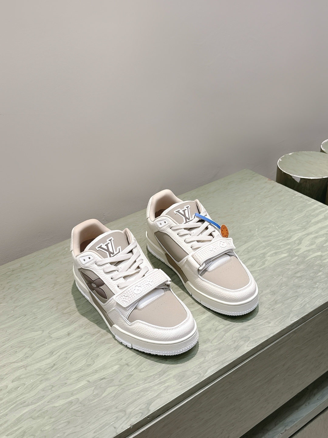 Louis Vuitton Beige Leather Trainer Sneakers with Monogram Strap