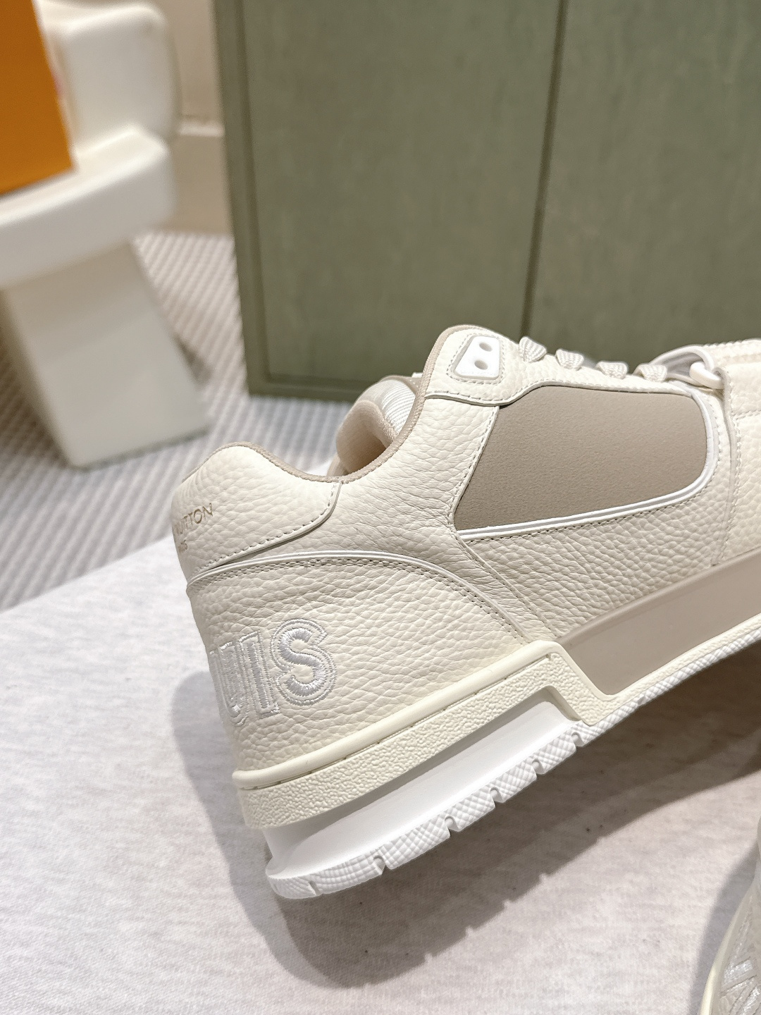 Louis Vuitton Beige Leather Trainer Sneakers with Monogram Strap