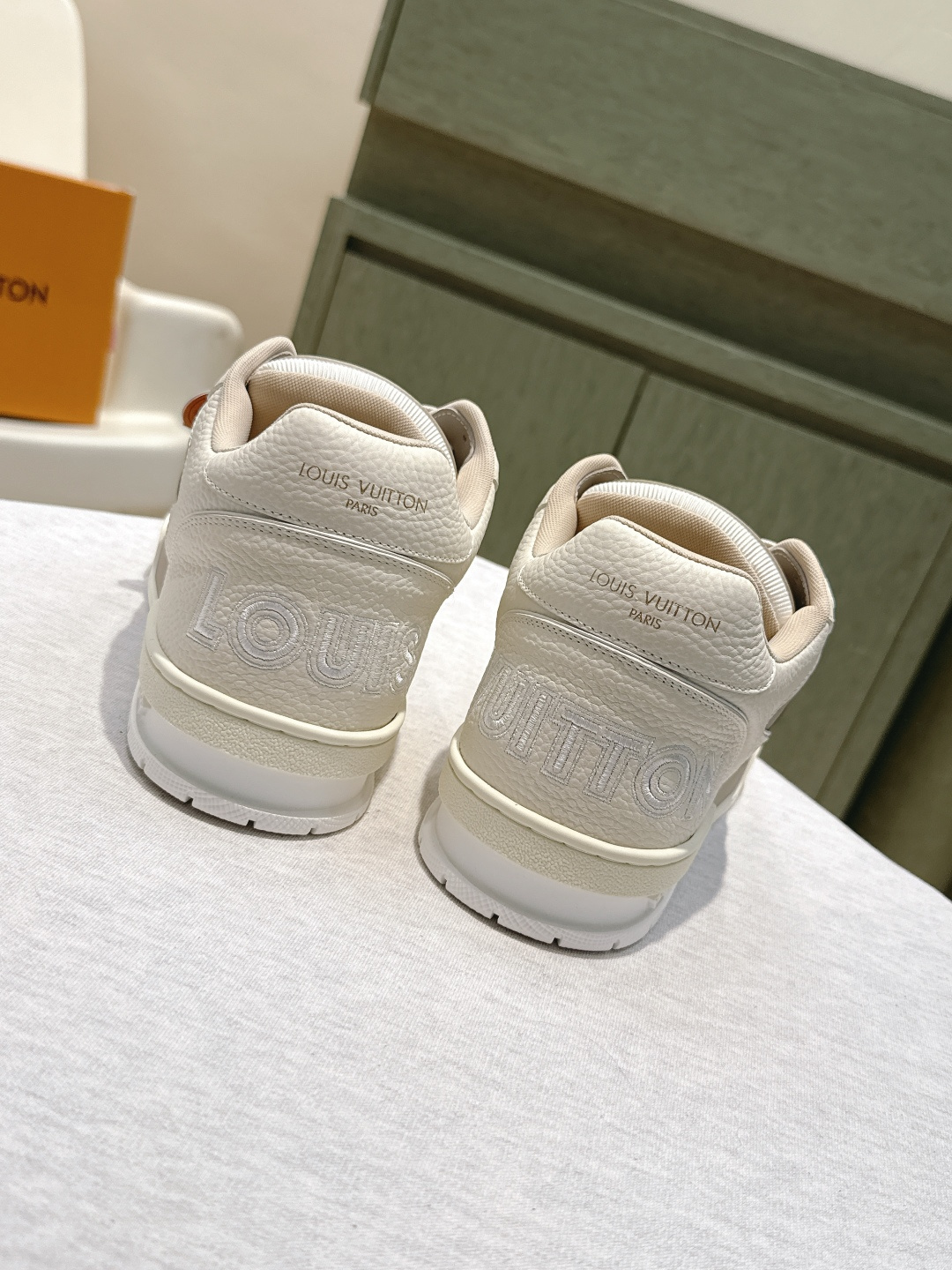 Louis Vuitton Beige Leather Trainer Sneakers with Monogram Strap