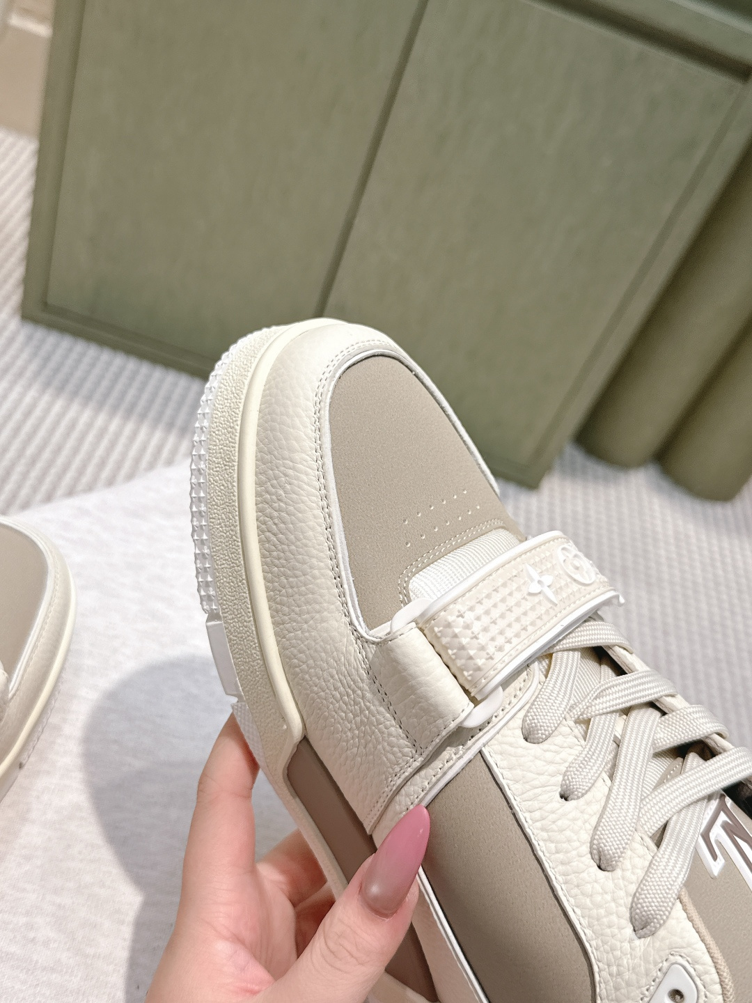 Louis Vuitton Beige Leather Trainer Sneakers with Monogram Strap
