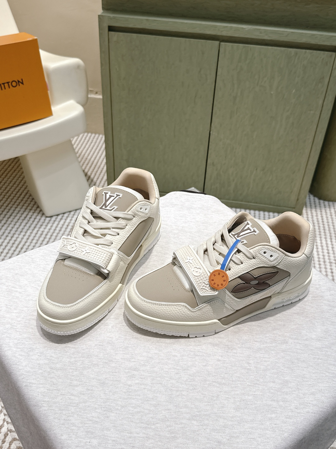 Louis Vuitton Beige Leather Trainer Sneakers with Monogram Strap