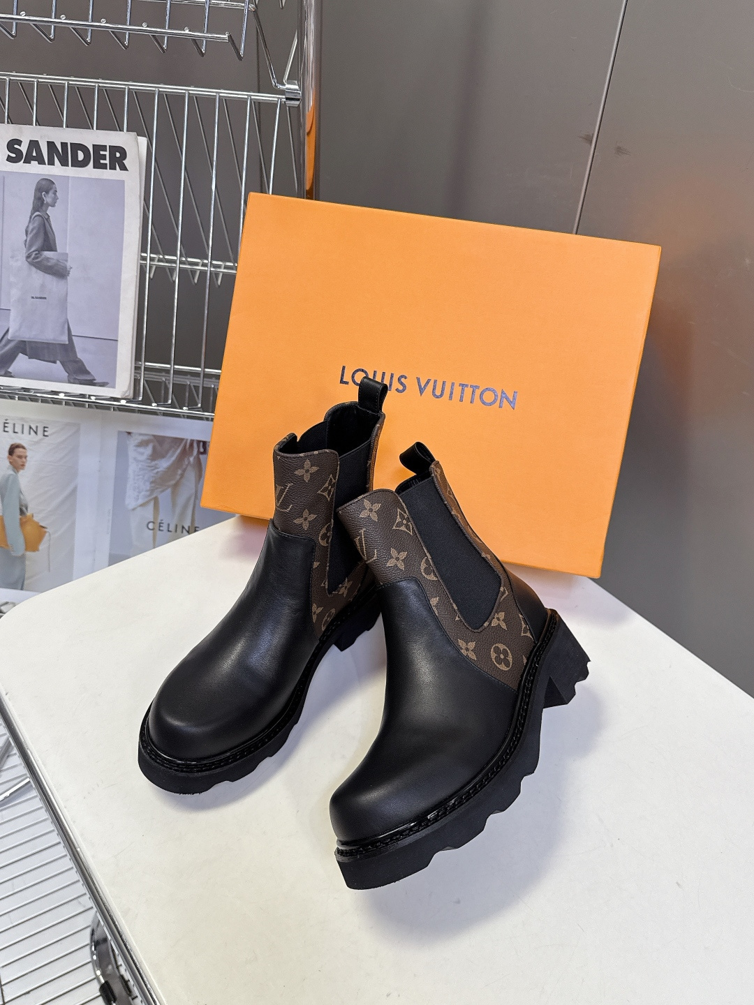 Louis Vuitton Monogram & Black Leather Chelsea Ankle Boots