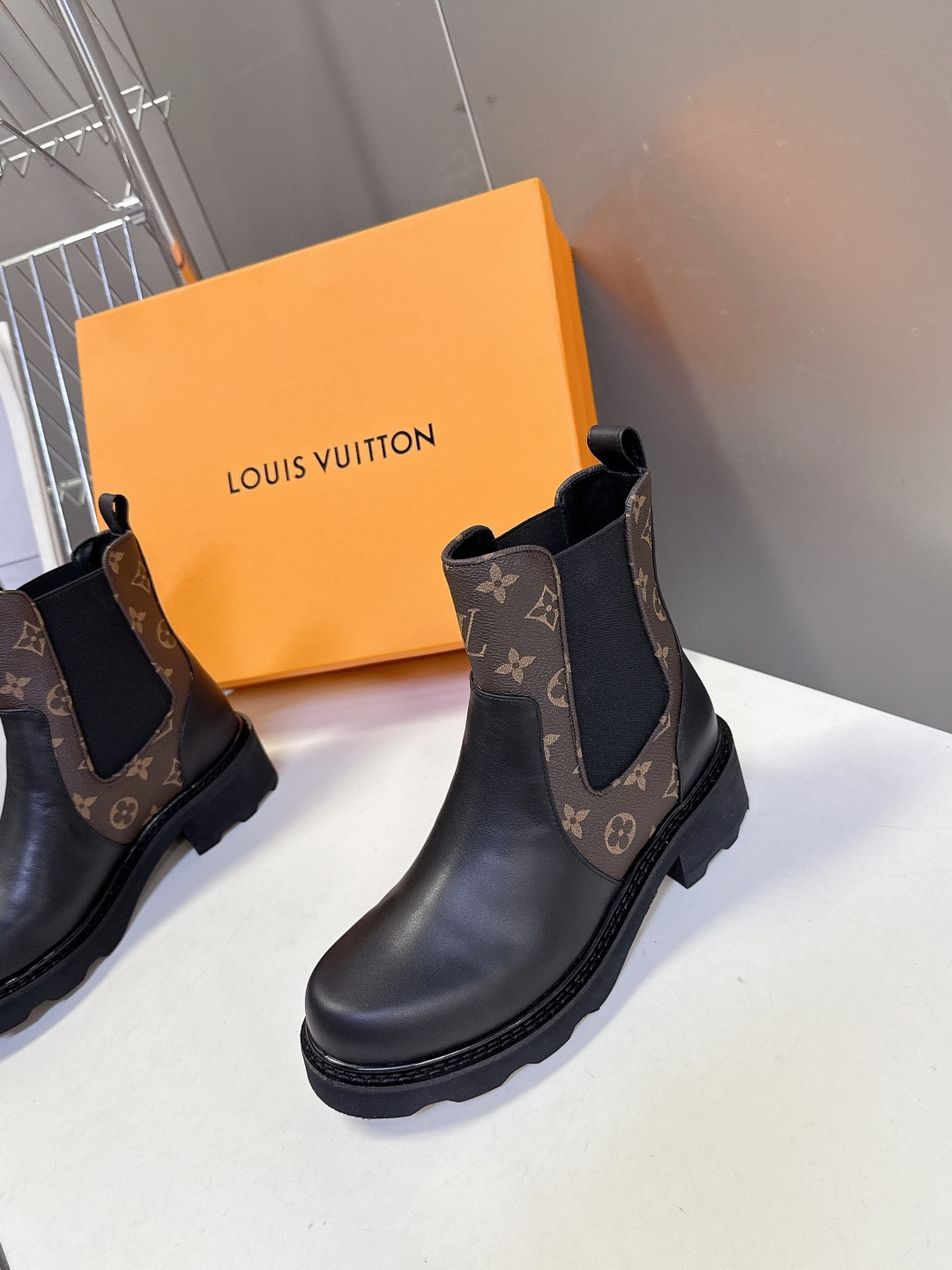 Louis Vuitton Monogram & Black Leather Chelsea Ankle Boots