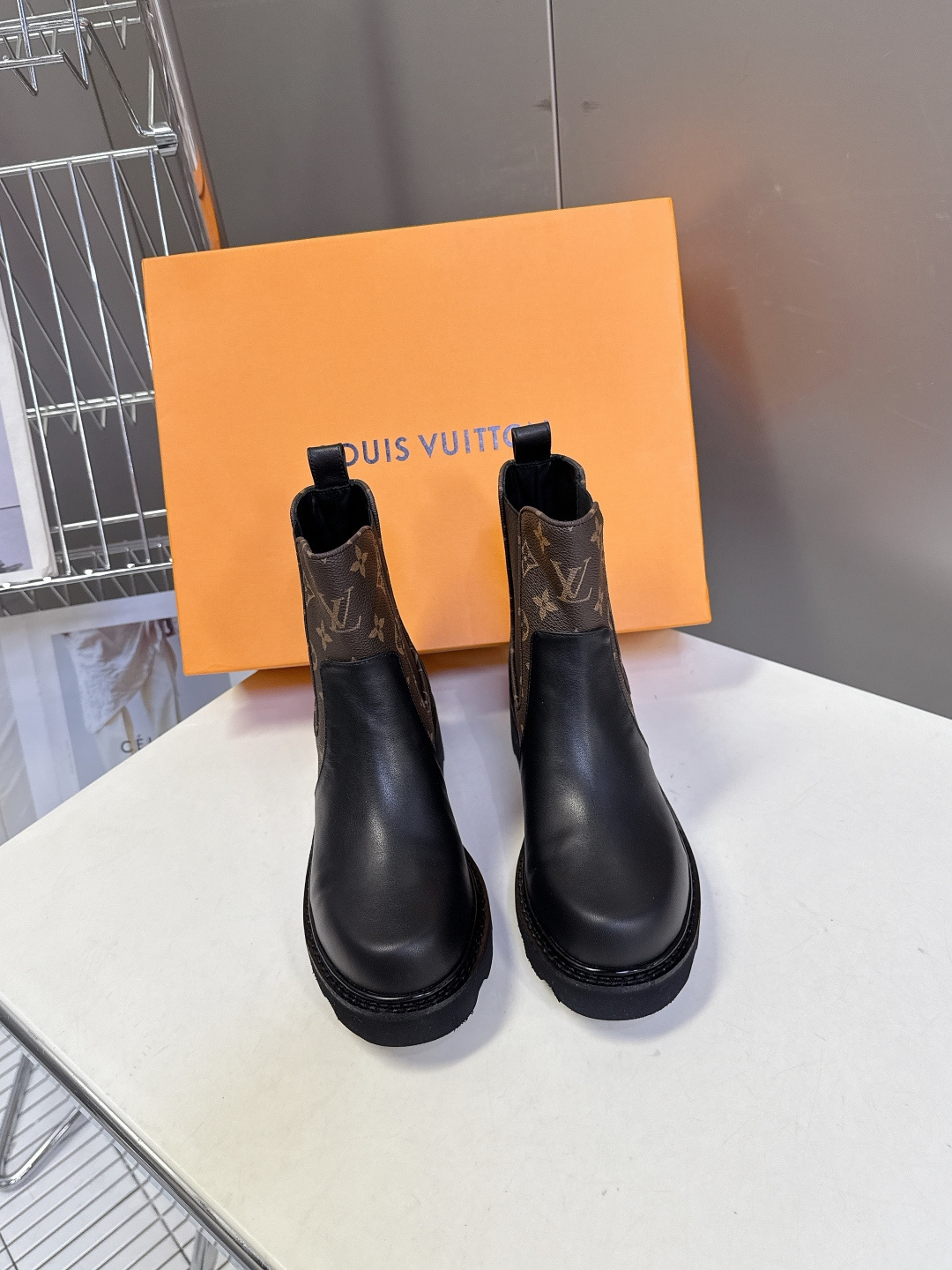 Louis Vuitton Monogram & Black Leather Chelsea Ankle Boots