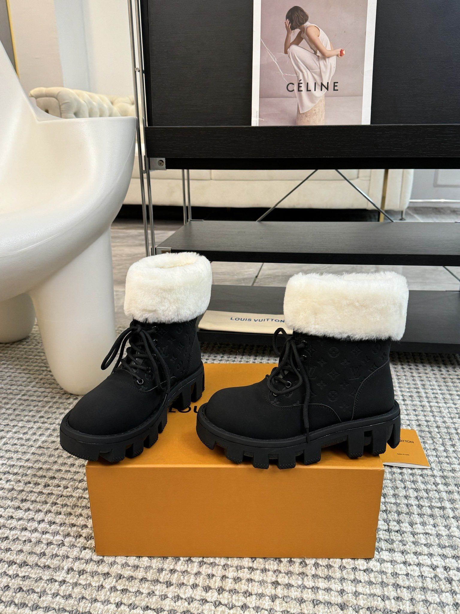 Louis Vuitton Black Faux Fur-Lined Winter Ankle Boots