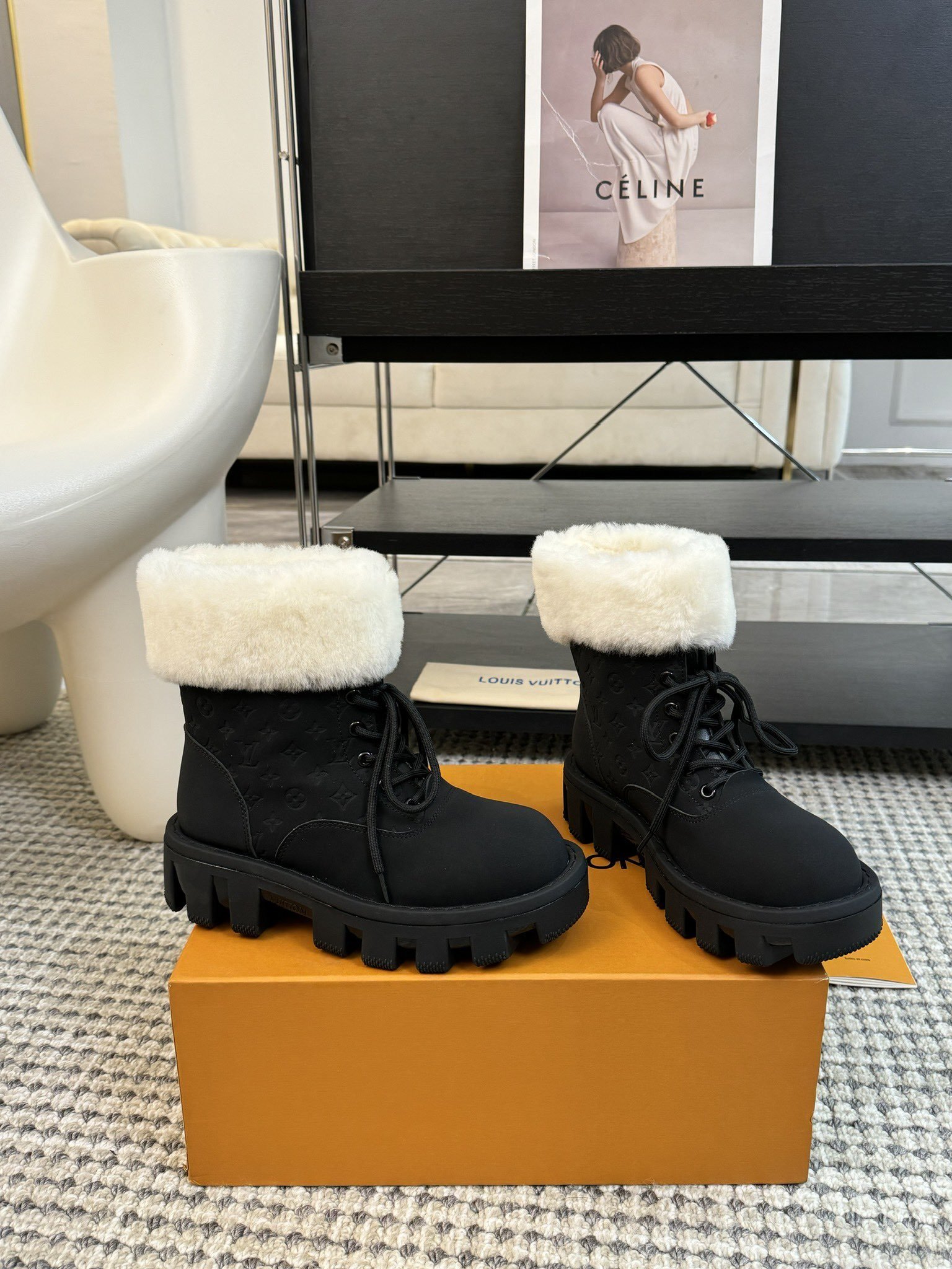Louis Vuitton Black Faux Fur-Lined Winter Ankle Boots
