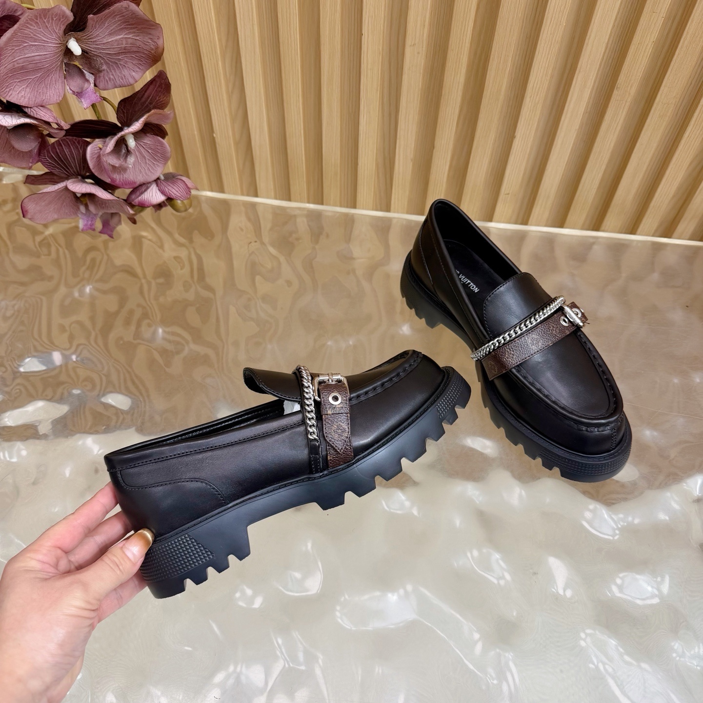 Luxury Women's Black Leather Lug Sole Loafers with Monogram Strap