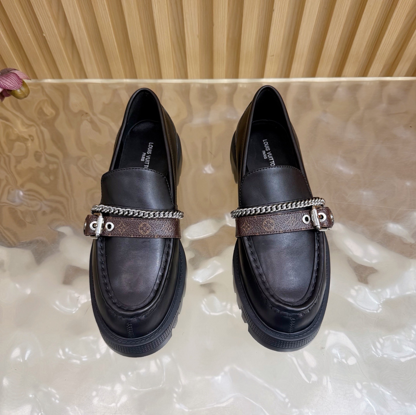 Luxury Women's Black Leather Lug Sole Loafers with Monogram Strap