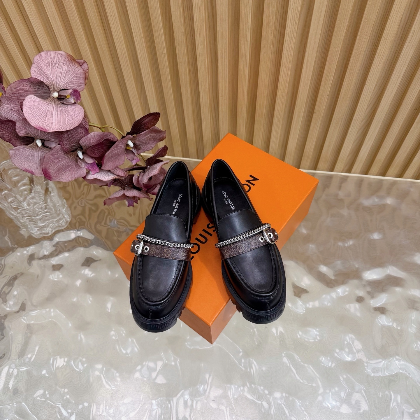 Luxury Women's Black Leather Lug Sole Loafers with Monogram Strap