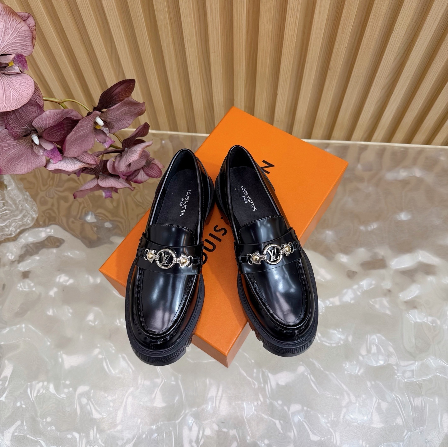 Women's Luxury Black Chunky Loafers - Shiny Leather Platform Shoes