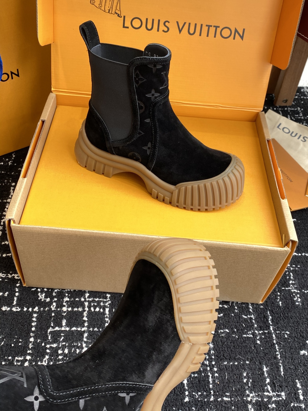 Louis Vuitton Squad Ankle Boot Black Suede Platform Shoes