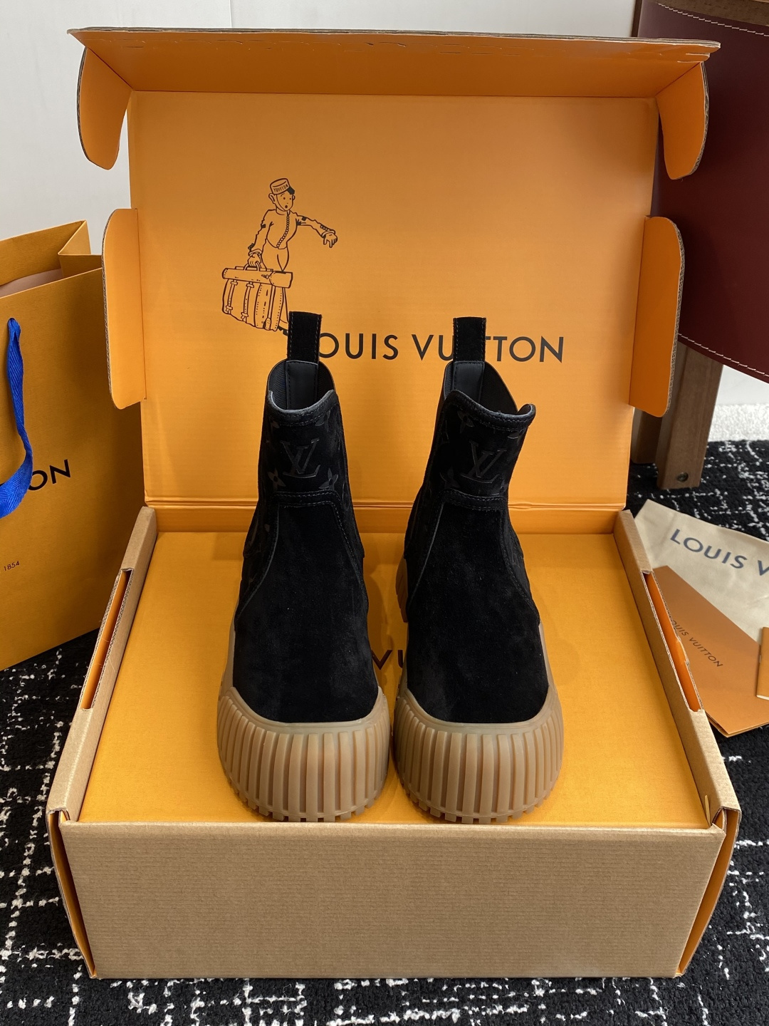 Louis Vuitton Squad Ankle Boot Black Suede Platform Shoes