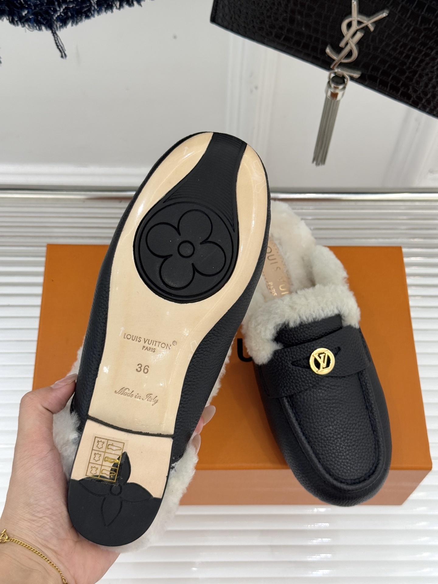 Luxury Women's Black Grain Leather Mules with Shearling Lining