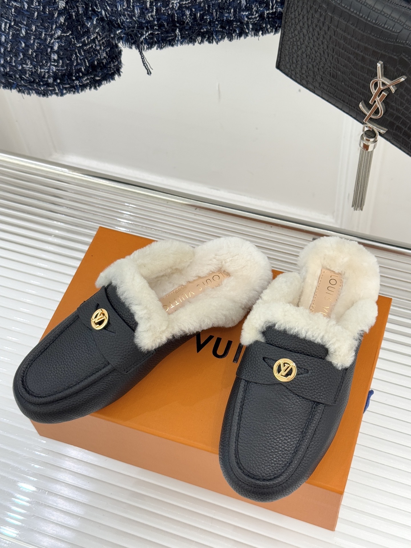 Luxury Women's Black Grain Leather Mules with Shearling Lining