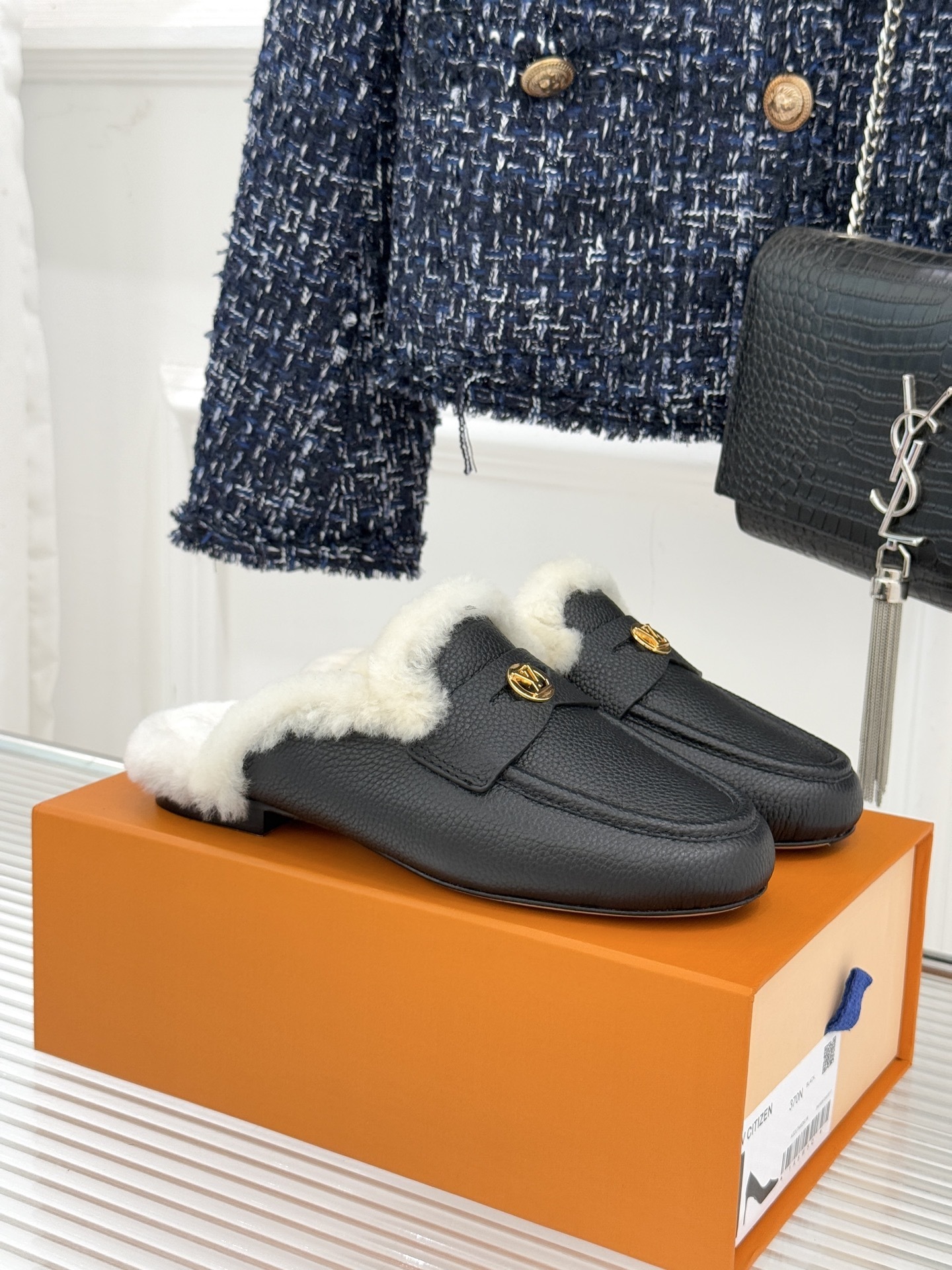 Luxury Women’s Black Grain Leather Mules with Shearling Lining