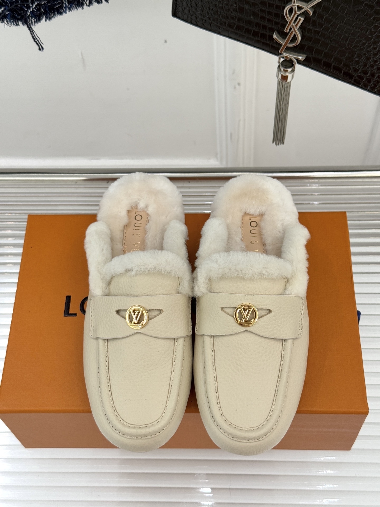 Luxury Women's Fur-Lined Leather Mules - Cream Slip-On Loafers