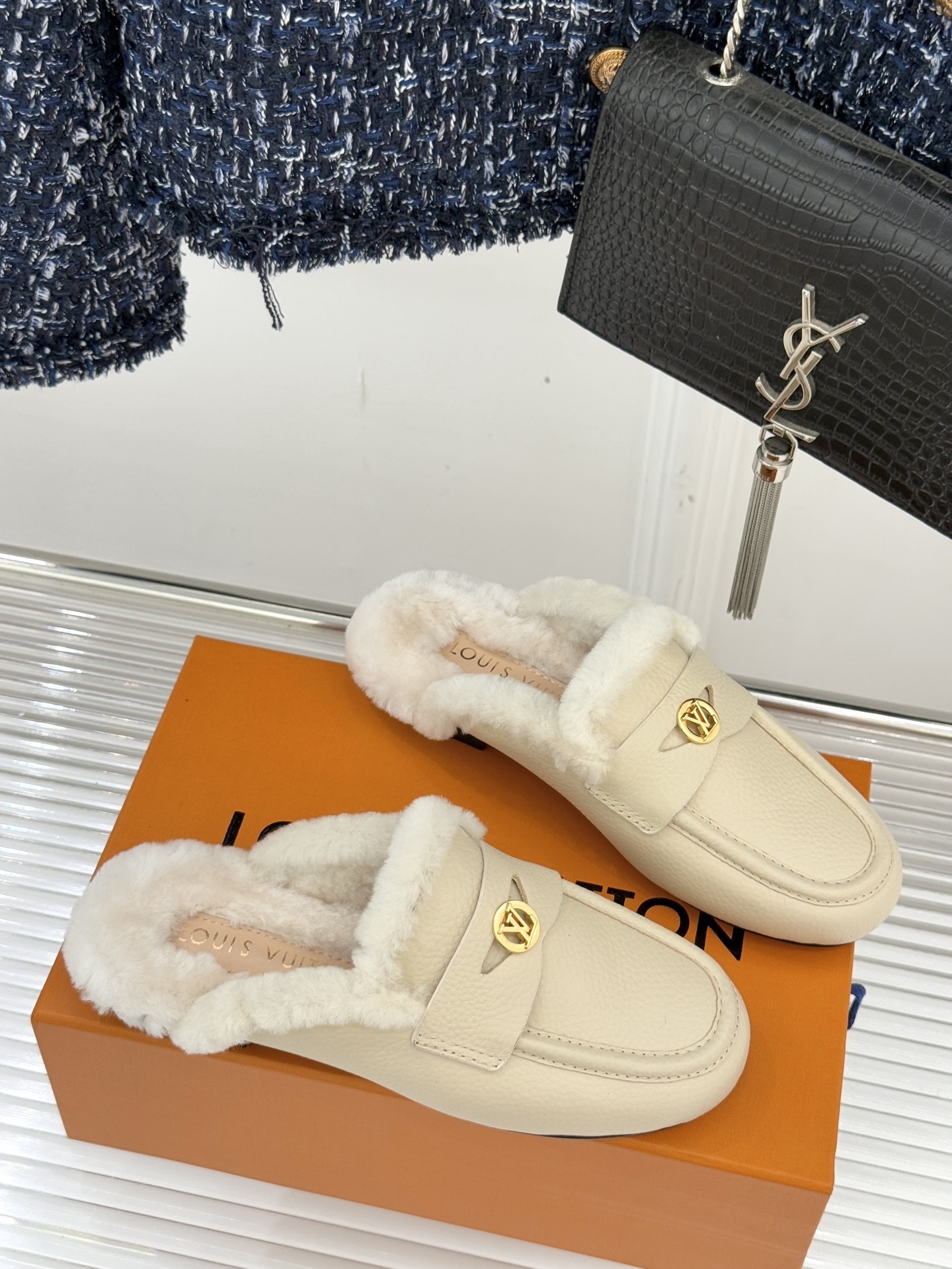Luxury Women's Fur-Lined Leather Mules - Cream Slip-On Loafers