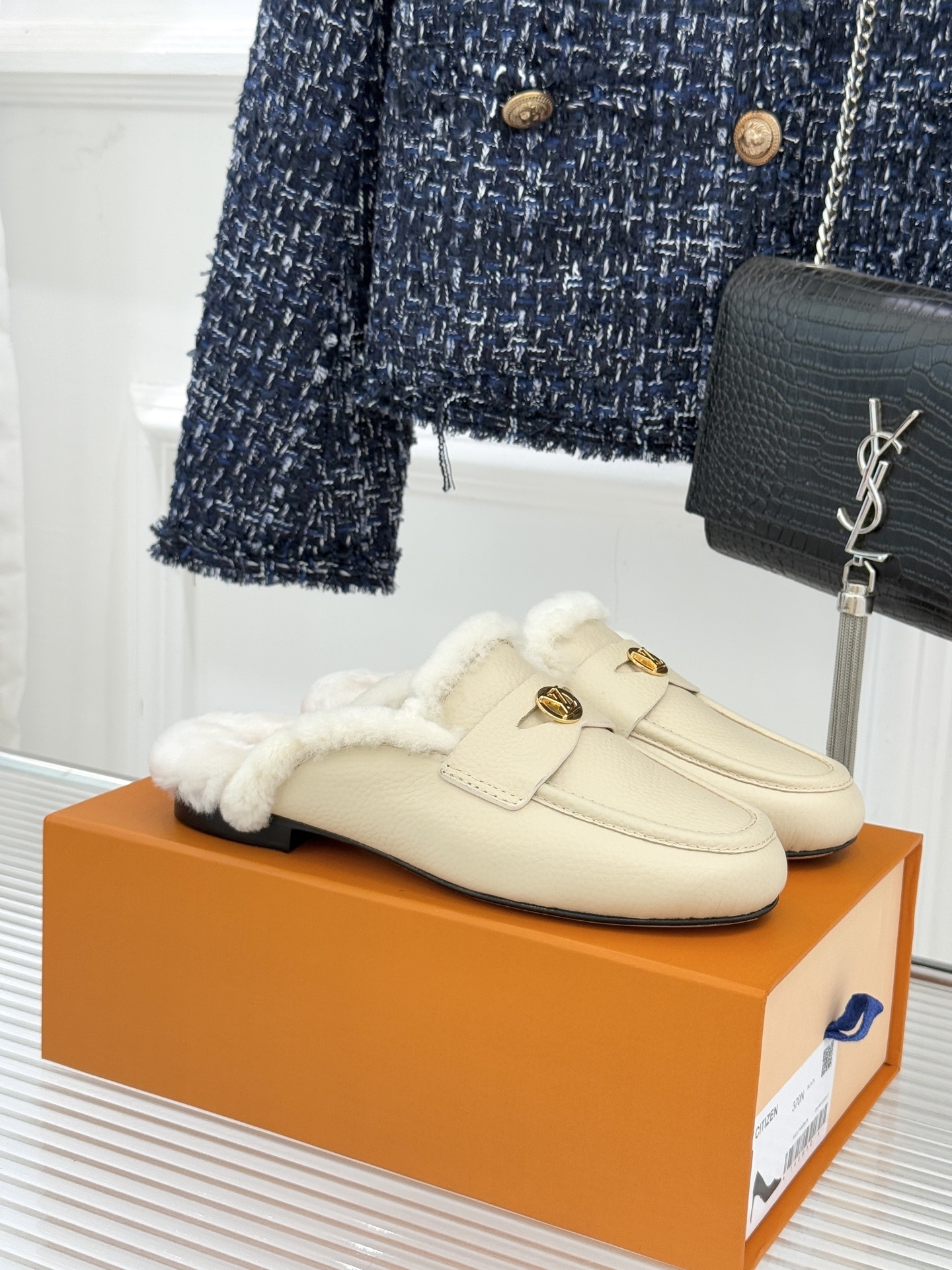 Luxury Women’s Fur-Lined Leather Mules – Cream Slip-On Loafers