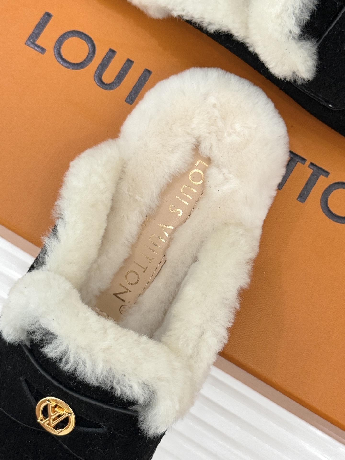 Luxury Women's Black Suede Fur-Lined Loafer Mules with Gold Logo