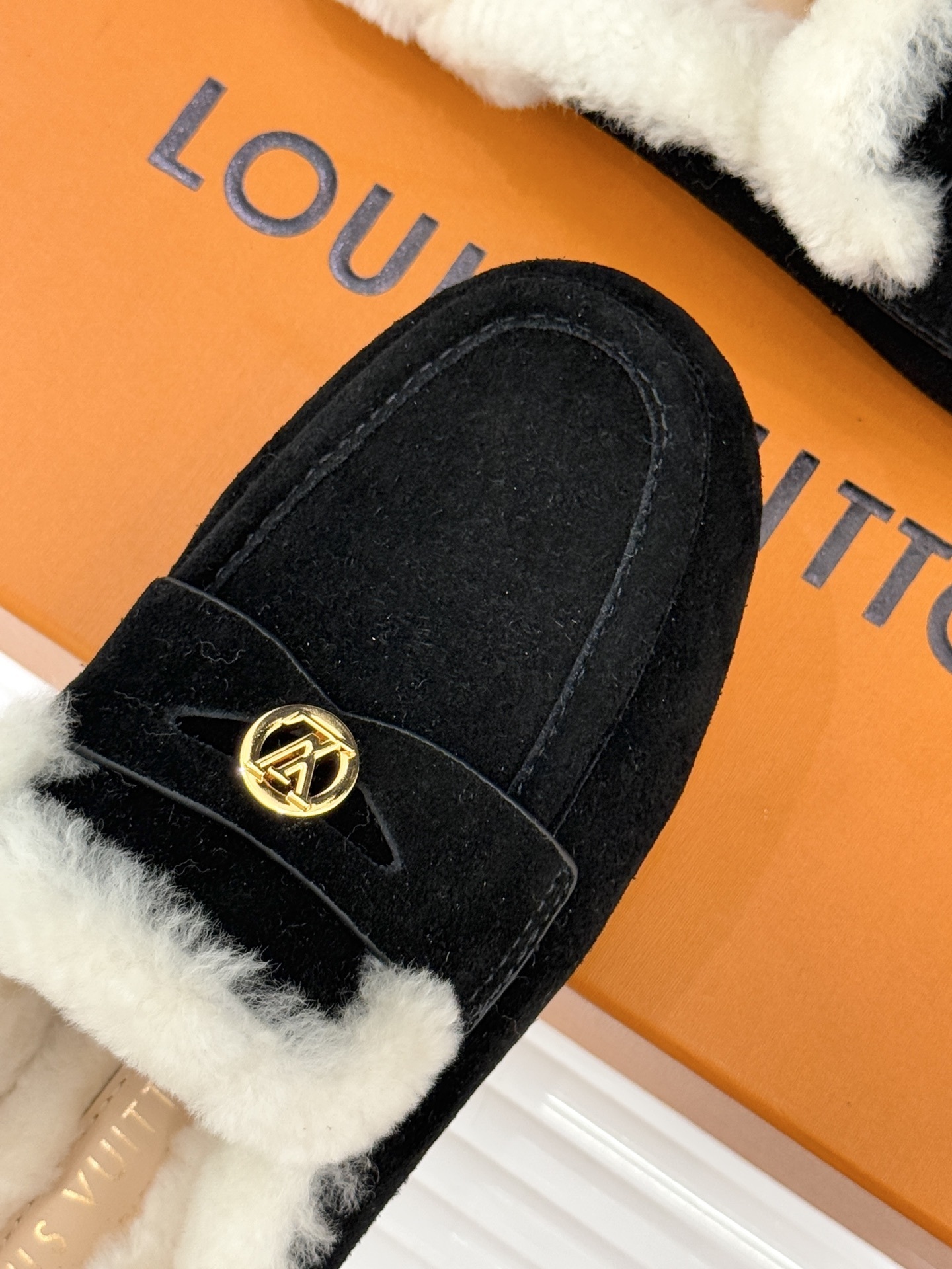 Luxury Women's Black Suede Fur-Lined Loafer Mules with Gold Logo