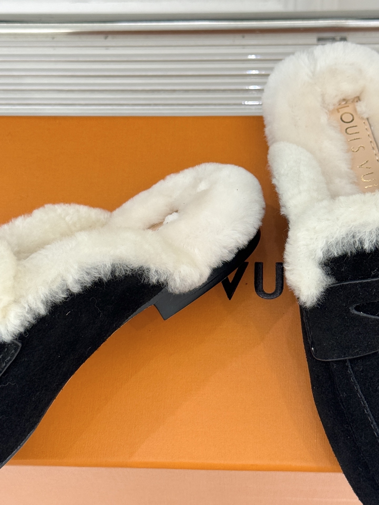 Luxury Women's Black Suede Fur-Lined Loafer Mules with Gold Logo