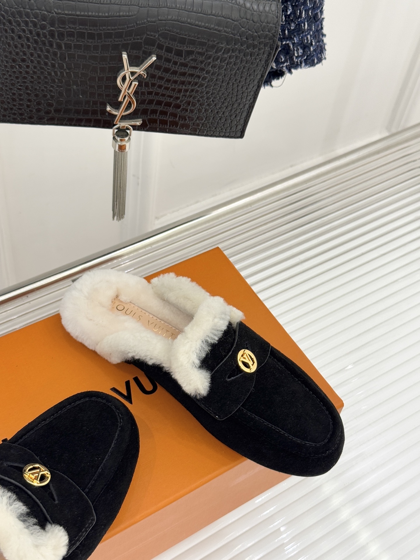 Luxury Women's Black Suede Fur-Lined Loafer Mules with Gold Logo