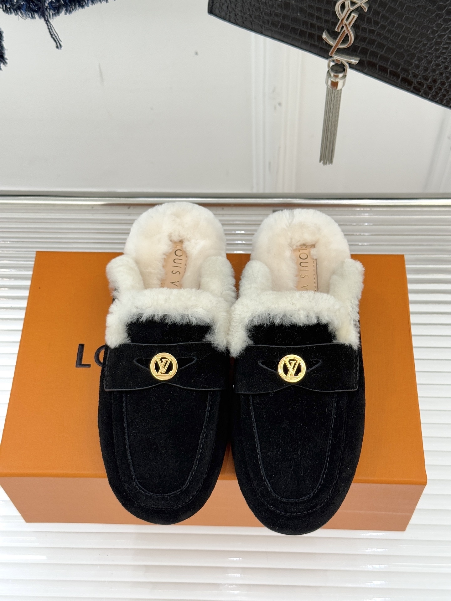 Luxury Women's Black Suede Fur-Lined Loafer Mules with Gold Logo