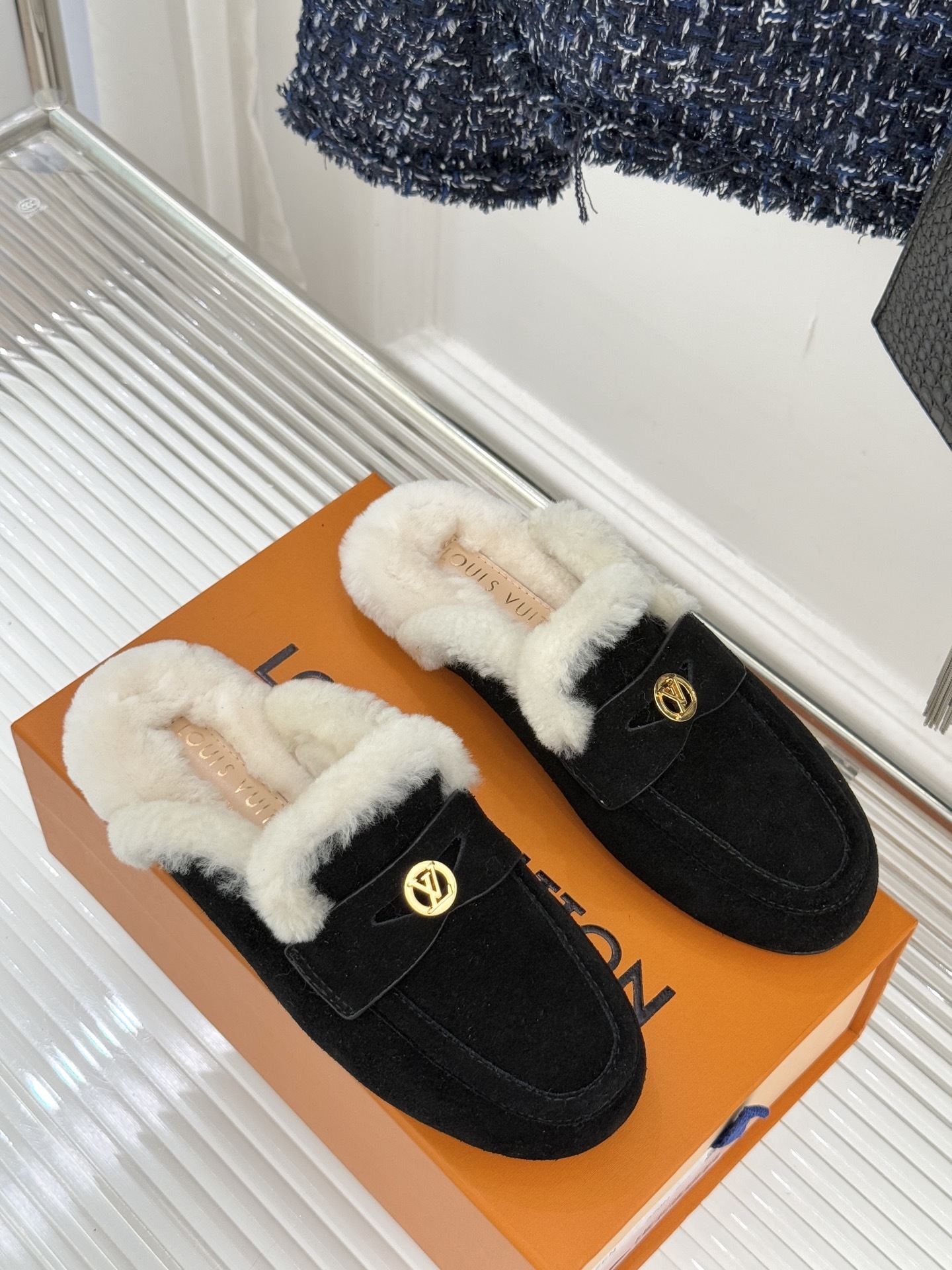 Luxury Women's Black Suede Fur-Lined Loafer Mules with Gold Logo