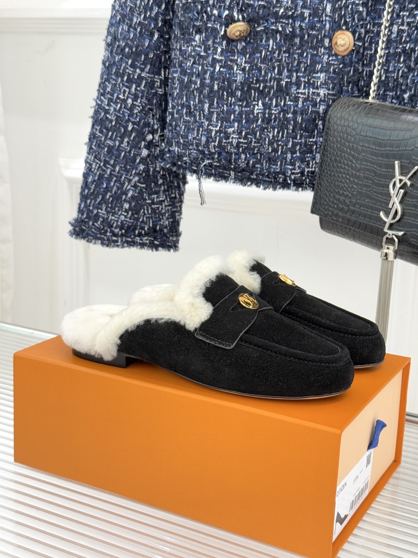 Luxury Women’s Black Suede Fur-Lined Loafer Mules with Gold Logo