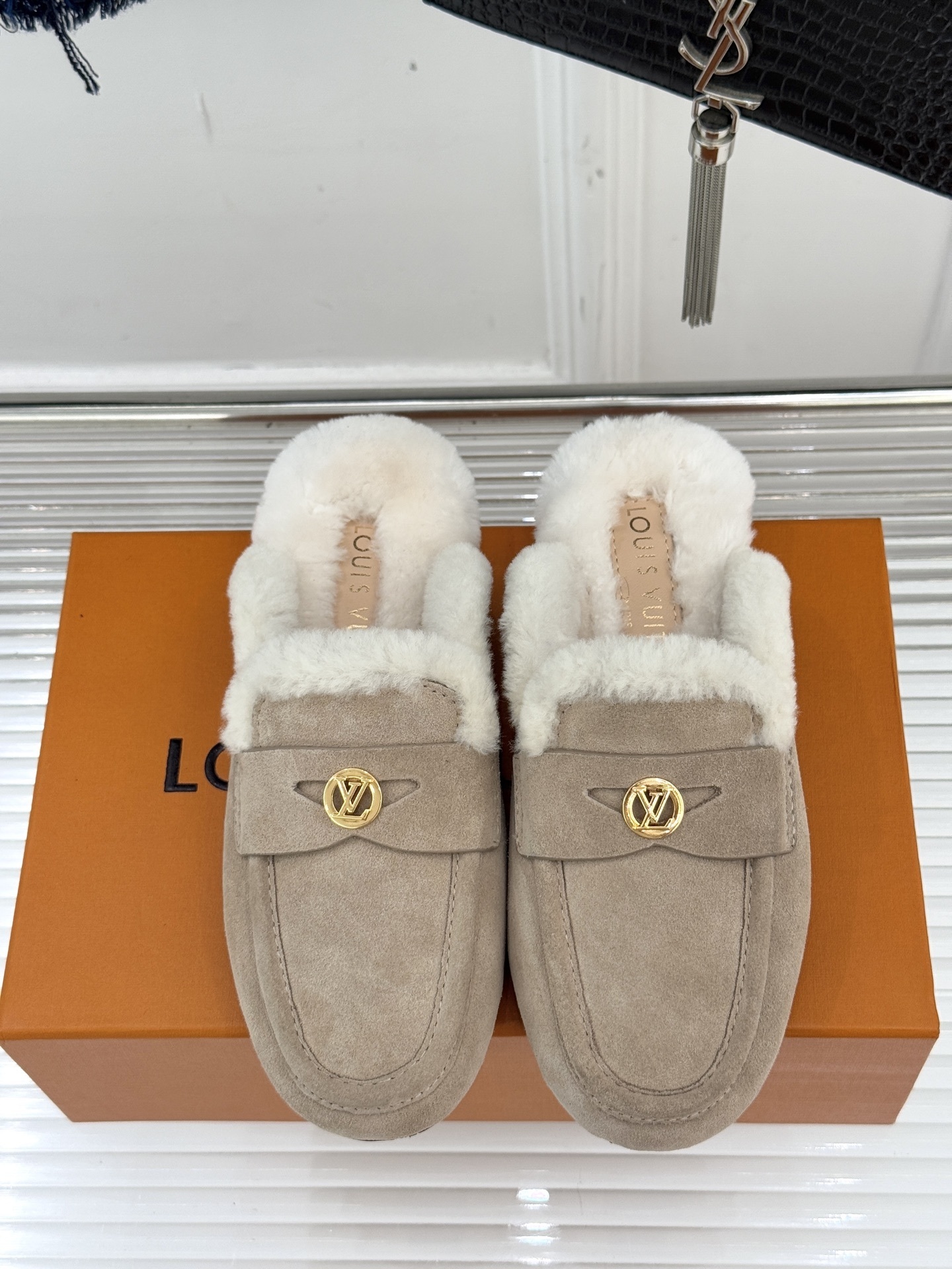 Luxury Women's Beige Suede Fur Loafers - LV Shearling Mules