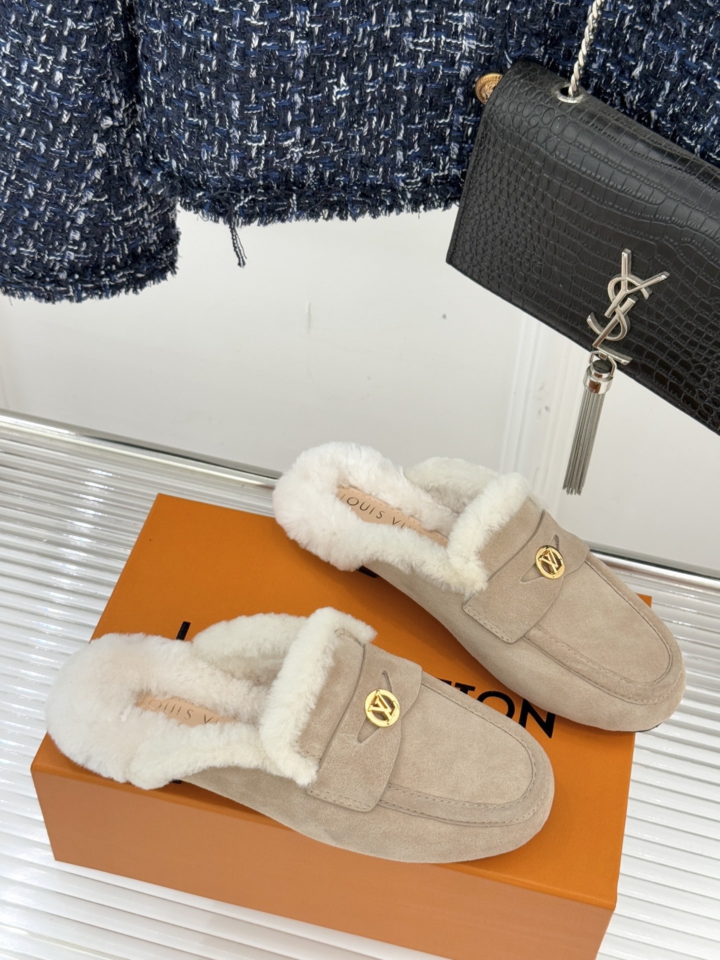 Luxury Women's Beige Suede Fur Loafers - LV Shearling Mules