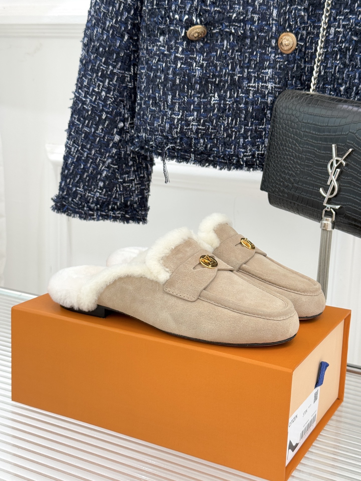 Luxury Women’s Beige Suede Fur Loafers – LV Shearling Mules
