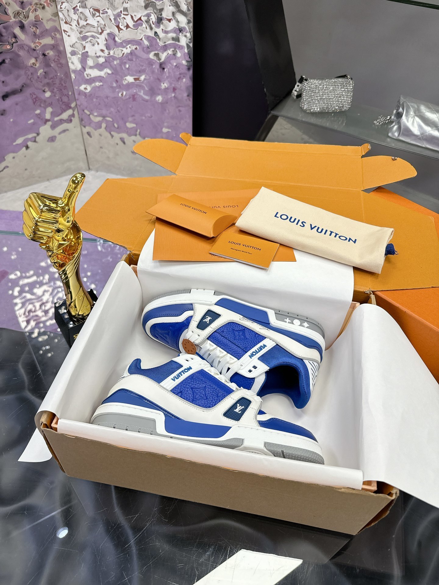 Louis Vuitton Trainer Sneaker – Blue & White Monogram Leather