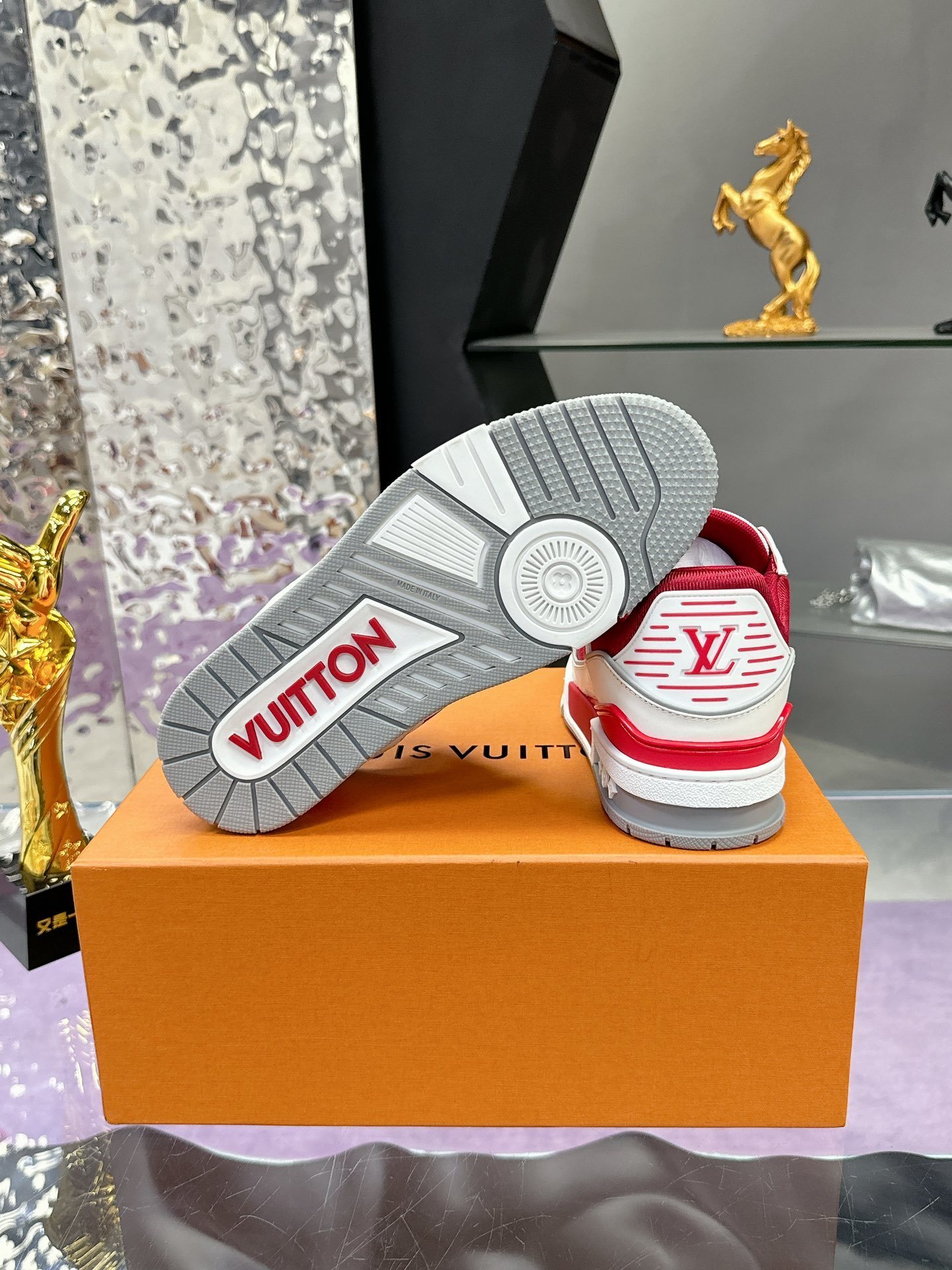 Louis Vuitton Trainer Sneakers Red White Grained Leather