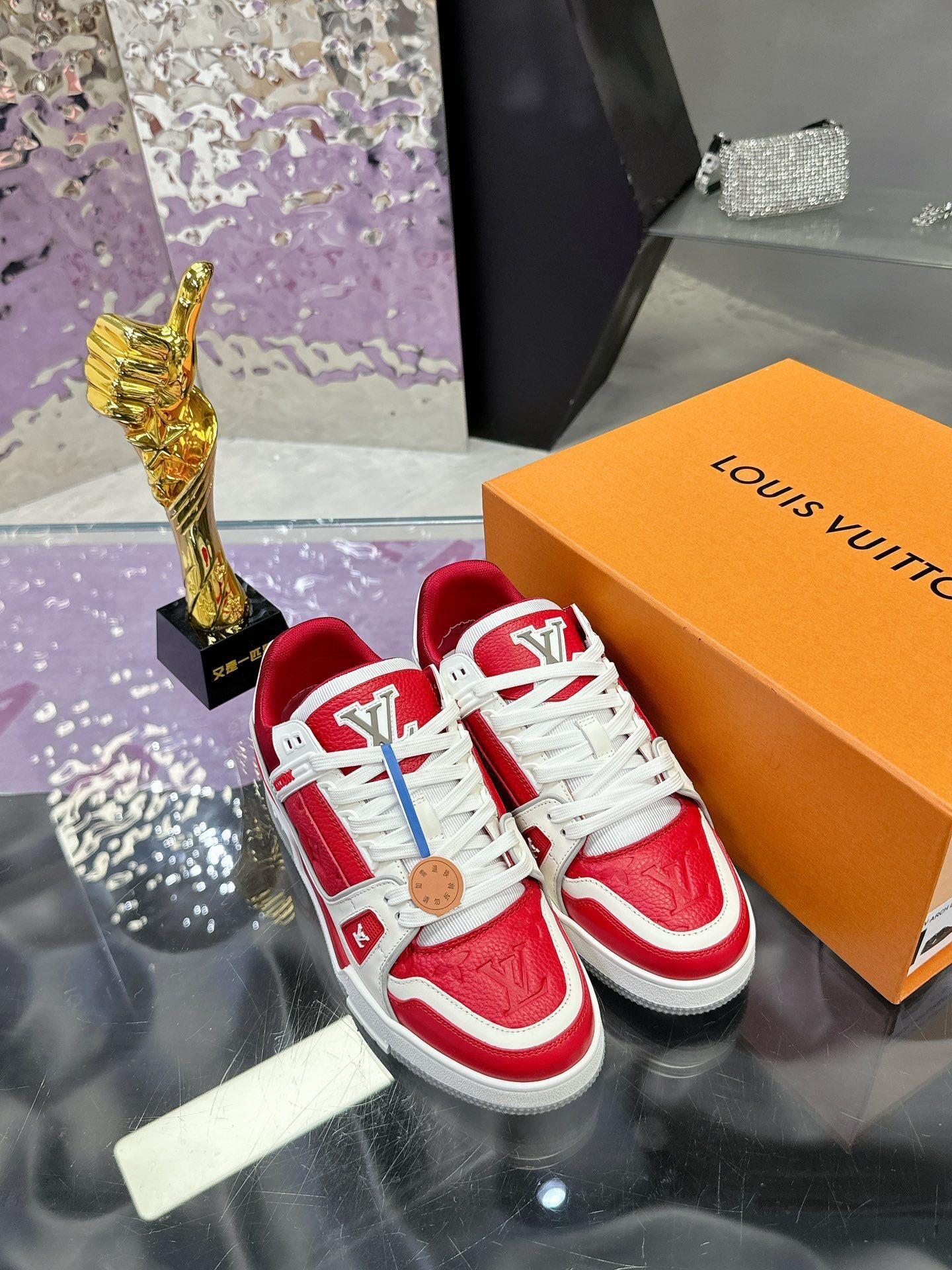 Louis Vuitton Trainer Sneakers Red White Grained Leather