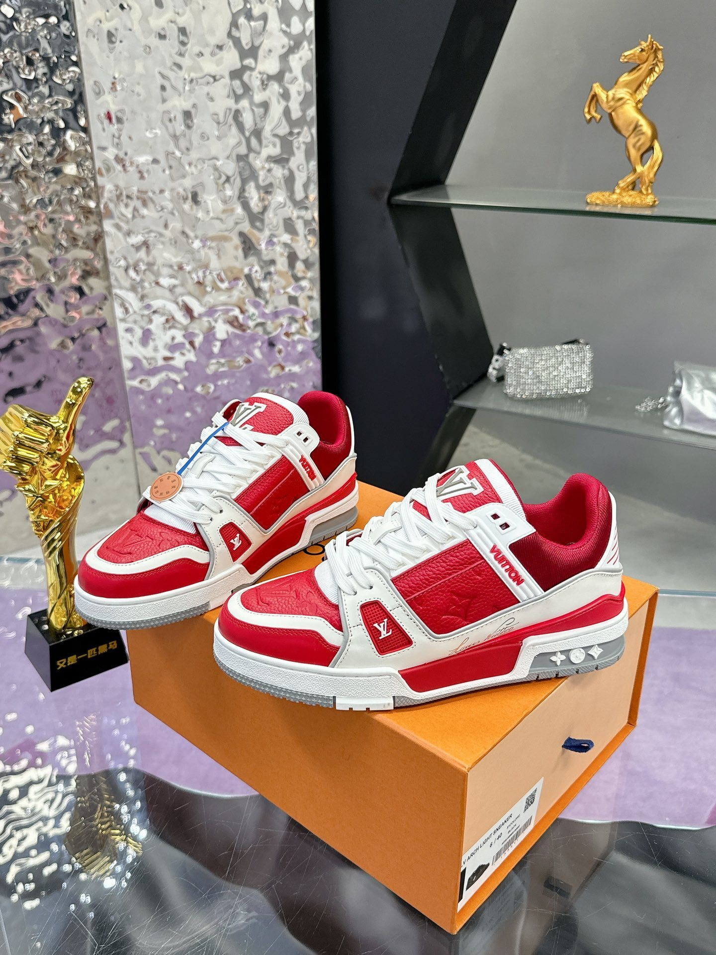 Louis Vuitton Trainer Sneakers Red White Grained Leather