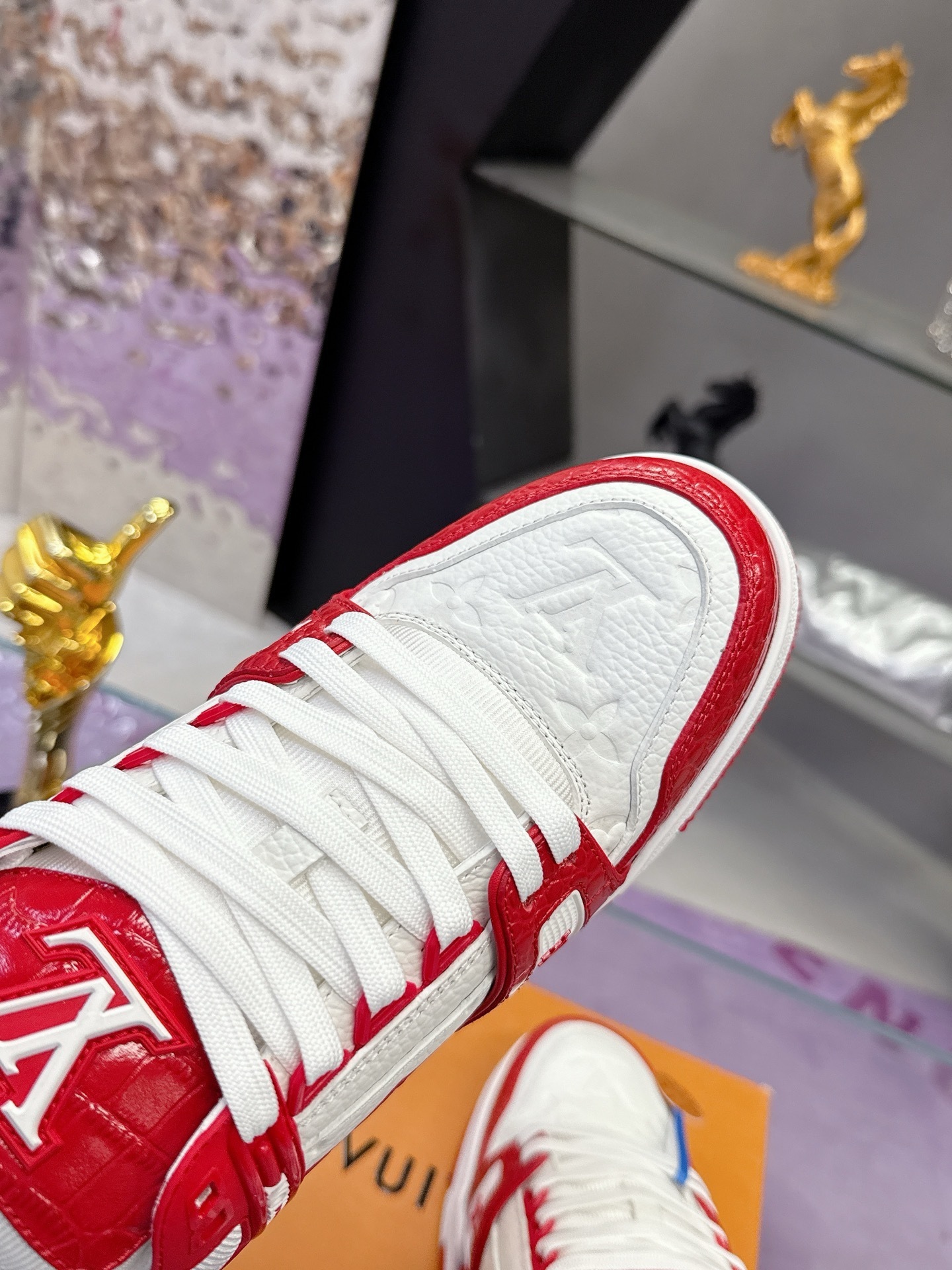 Louis Vuitton LV Trainer Red White Crocodile Embossed Sneakers