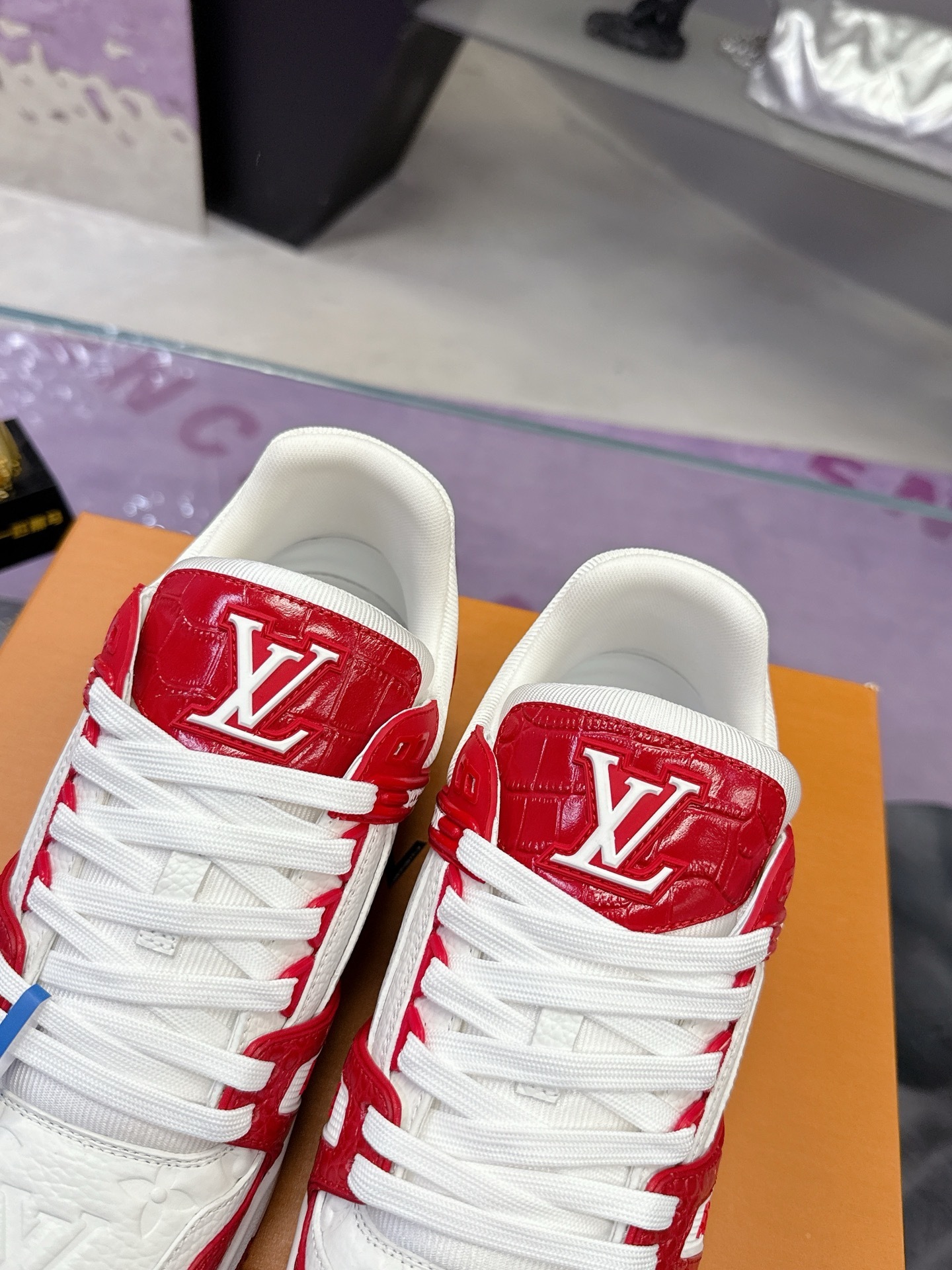 Louis Vuitton LV Trainer Red White Crocodile Embossed Sneakers