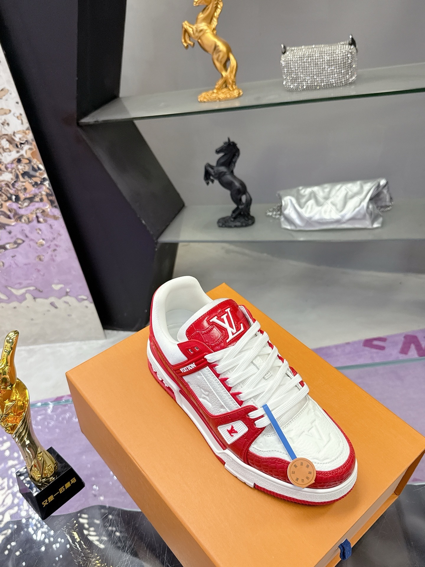 Louis Vuitton LV Trainer Red White Crocodile Embossed Sneakers